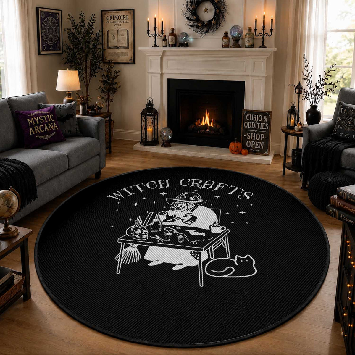 Funny Halloween Round Rug Witch Crafts Witchcraft Skull Cat Ghost