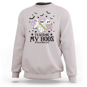 Funny Teacher Halloween Sweatshirt Teaching My Boos Teacherlife Ghost Pencil Book TS11 Ice Gray Print Your Wear