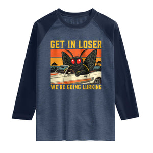 Get In Loser We Are Going Lurking Funny Mothman Raglan Shirt Cryptozoology Cryptid Lover TS11 Heather Denim Navy Print Your Wear