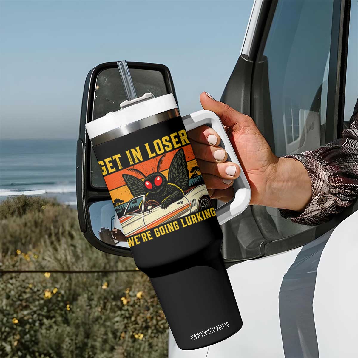Get In Loser We Are Going Lurking Funny Mothman Tumbler With Handle Cryptozoology Cryptid Lover TS11 Print Your Wear