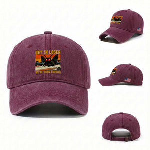 Get In Loser We Are Going Lurking Funny Mothman Washed Cotton Baseball Cap Cryptozoology Cryptid Lover TS11 Washed Cap Universal Fit Burgundy Print Your Wear