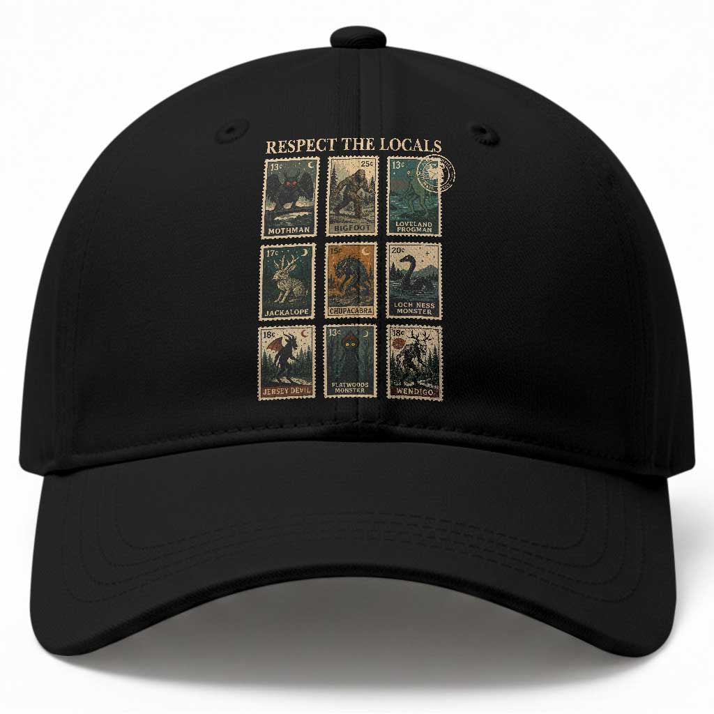 Respect The Locals Cryptids Monster Stamps Baseball Cap Cryptozoology Paranormal Bigfoot Mothman TS11 Print Your Wear