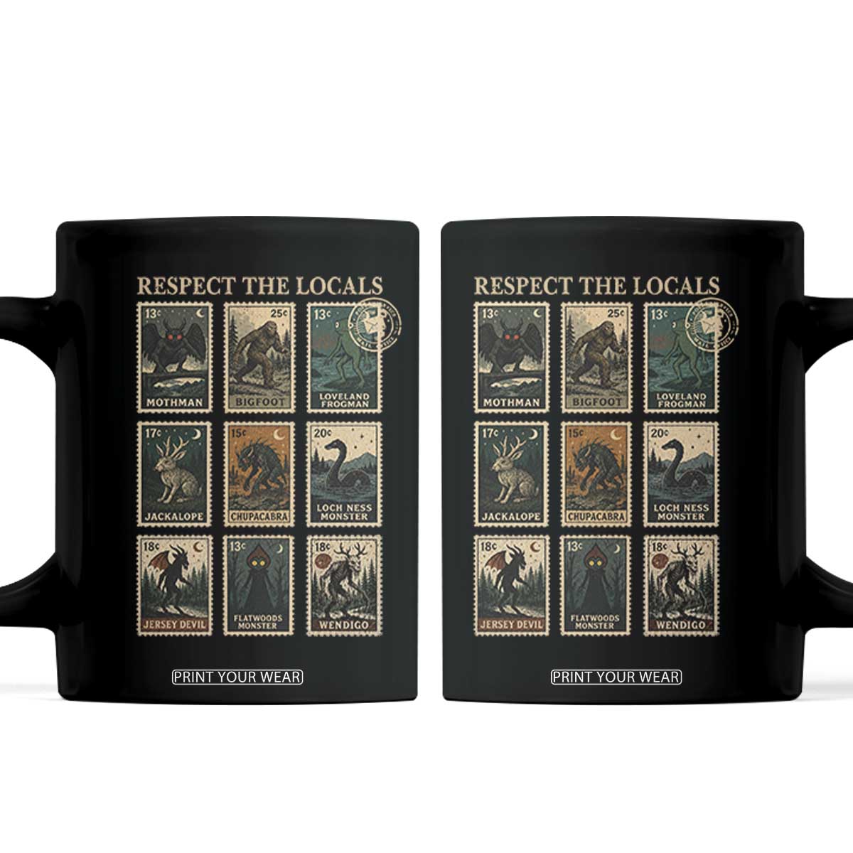 Respect The Locals Cryptids Monster Stamps Coffee Mug Cryptozoology Paranormal Bigfoot Mothman TS11 Black Print Your Wear