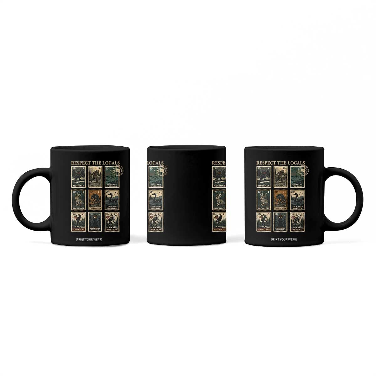 Respect The Locals Cryptids Monster Stamps Coffee Mug Cryptozoology Paranormal Bigfoot Mothman TS11 Print Your Wear