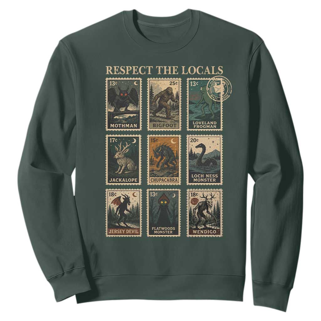 Respect The Locals Cryptids Monster Stamps Sweatshirt Cryptozoology Paranormal Bigfoot Mothman TS11 Dark Forest Green Print Your Wear