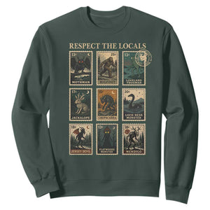 Respect The Locals Cryptids Monster Stamps Sweatshirt Cryptozoology Paranormal Bigfoot Mothman TS11 Dark Forest Green Print Your Wear