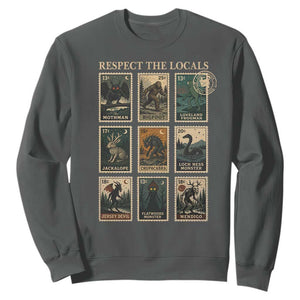 Respect The Locals Cryptids Monster Stamps Sweatshirt Cryptozoology Paranormal Bigfoot Mothman TS11 Dark Heather Print Your Wear