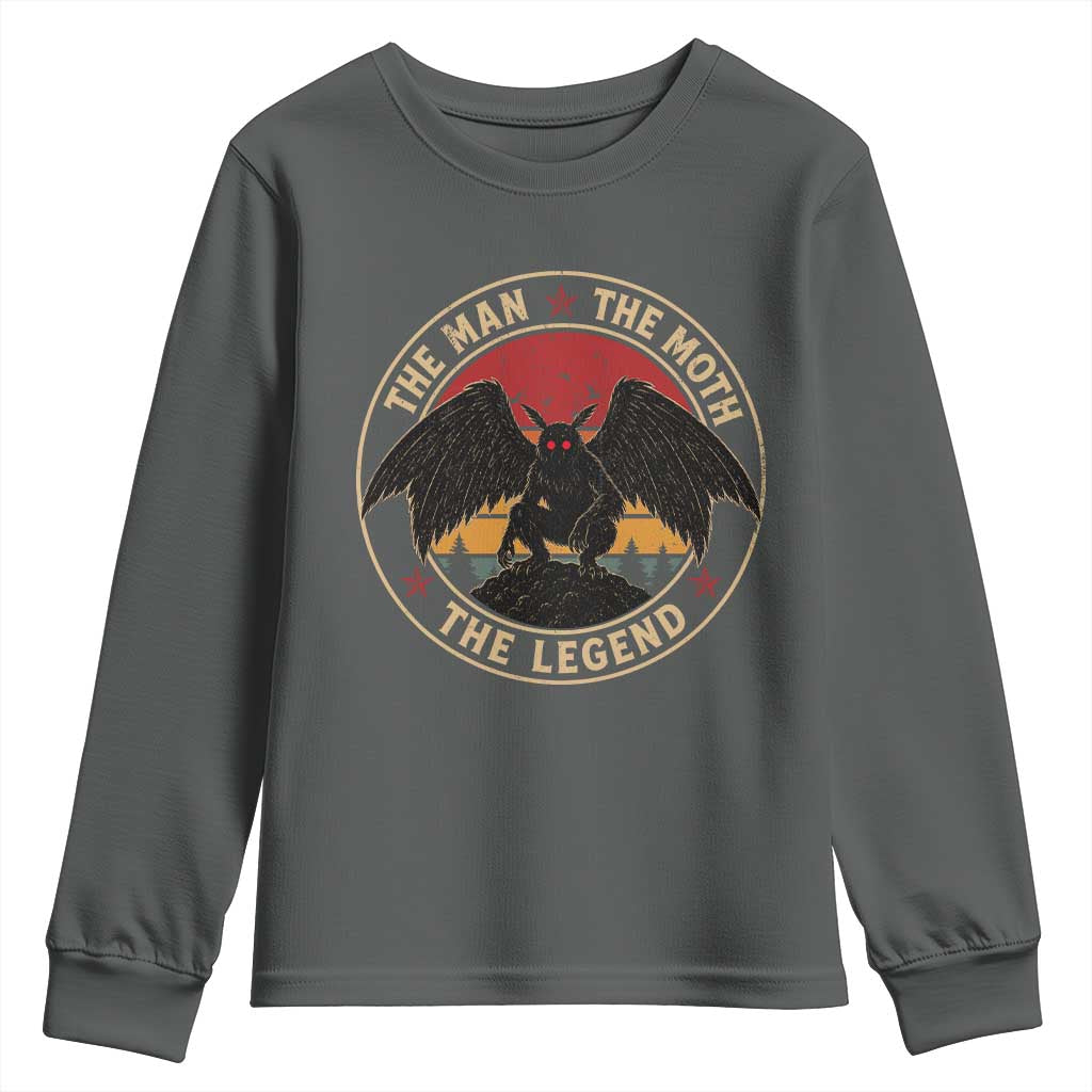 Funny Mothman The Man The Moth The Legend Youth Sweatshirt Retro Folklore Creepy Cryptid TS11 Dark Heather Print Your Wear