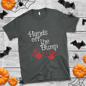 Pregnancy Announcement T Shirt Hands Off The Bump Halloween Pregnant Red Baby Handprint TS11 Dark Heather Print Your Wear