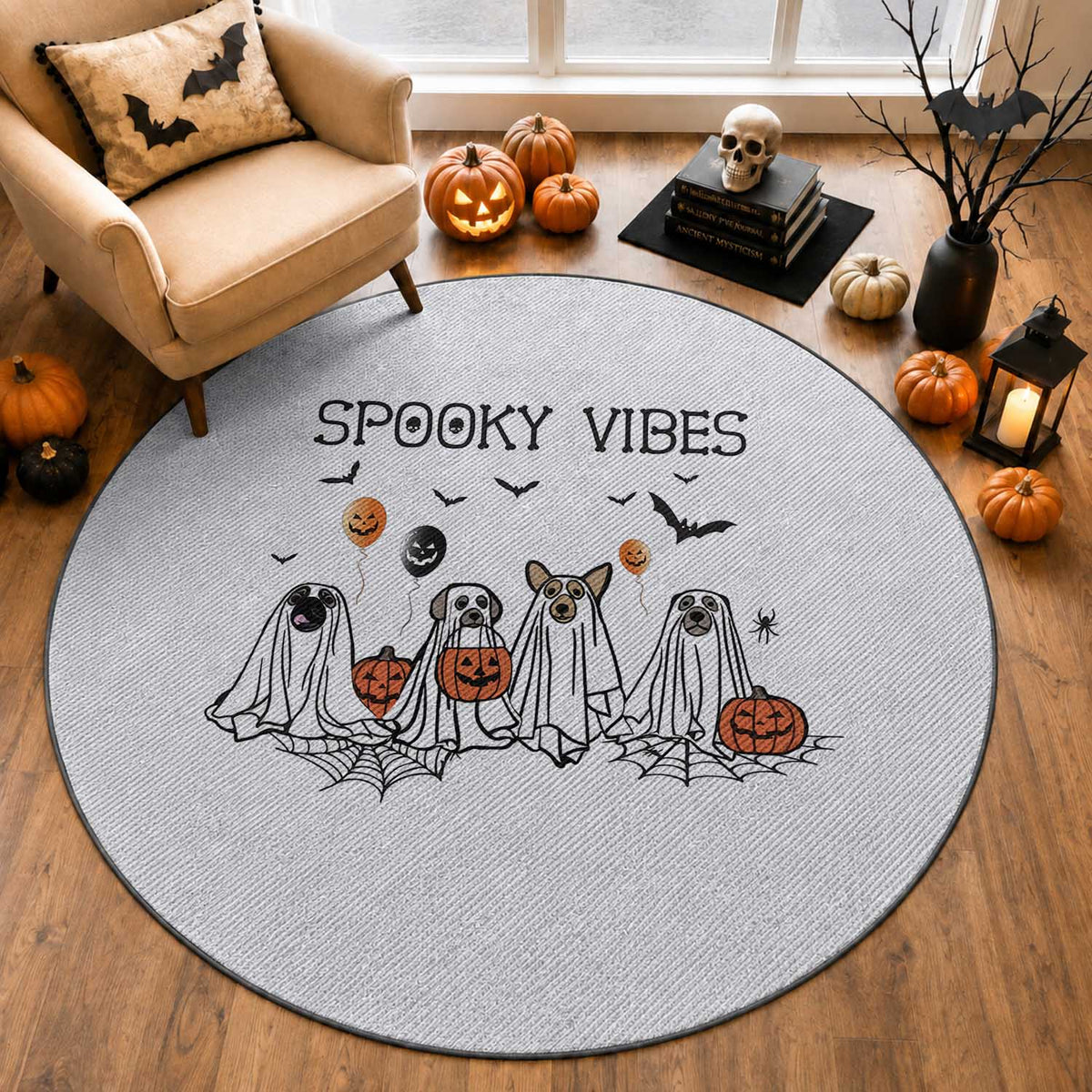 Halloween Round Rug Spooky Vibes Cute Dog Ghost Pumpkin
