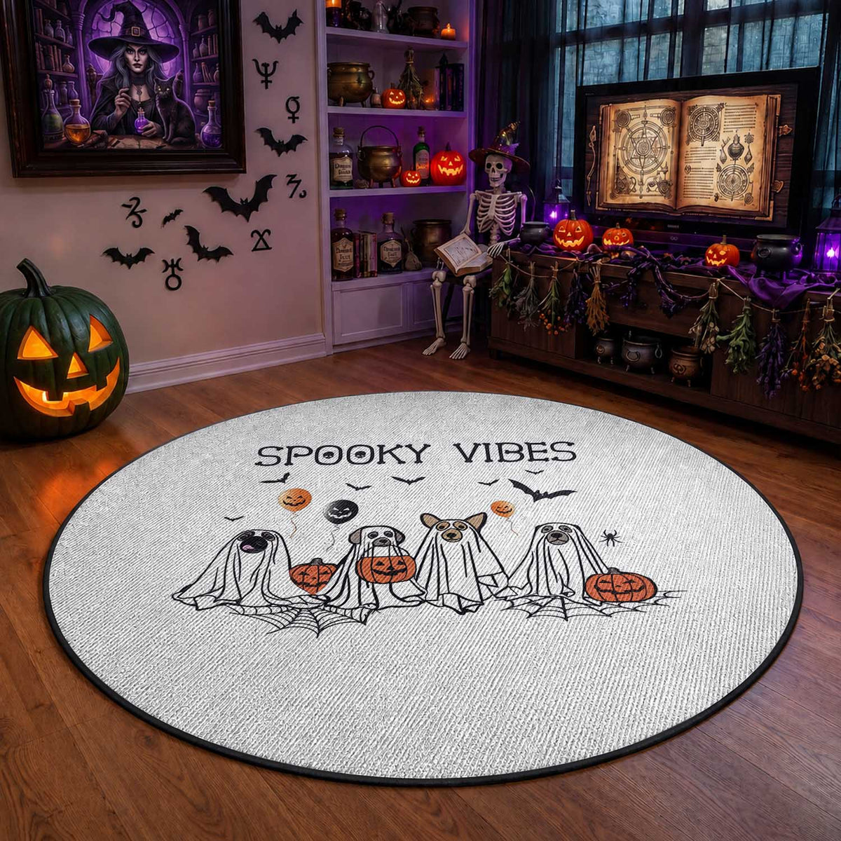 Halloween Round Rug Spooky Vibes Cute Dog Ghost Pumpkin
