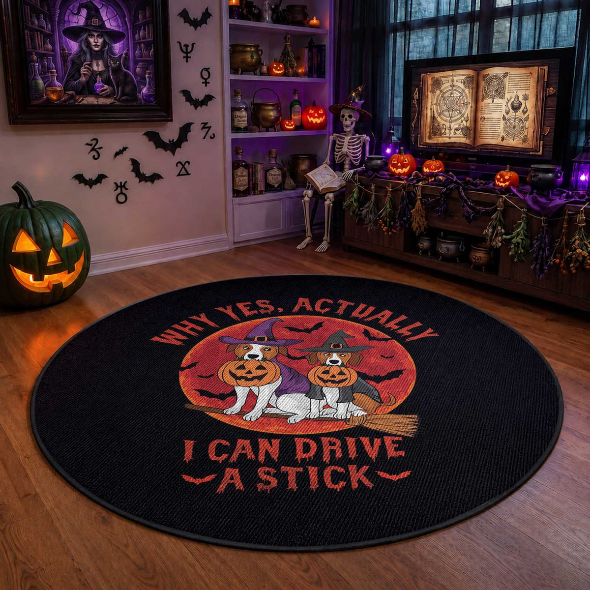 Funny Halloween Dog Round Rug Why Yes Actually I Can Drive A Stick Witch