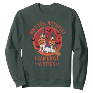 Funny Halloween Dog Sweatshirt Why Yes Actually I Can Drive A Stick Witch TS11 Dark Forest Green Print Your Wear