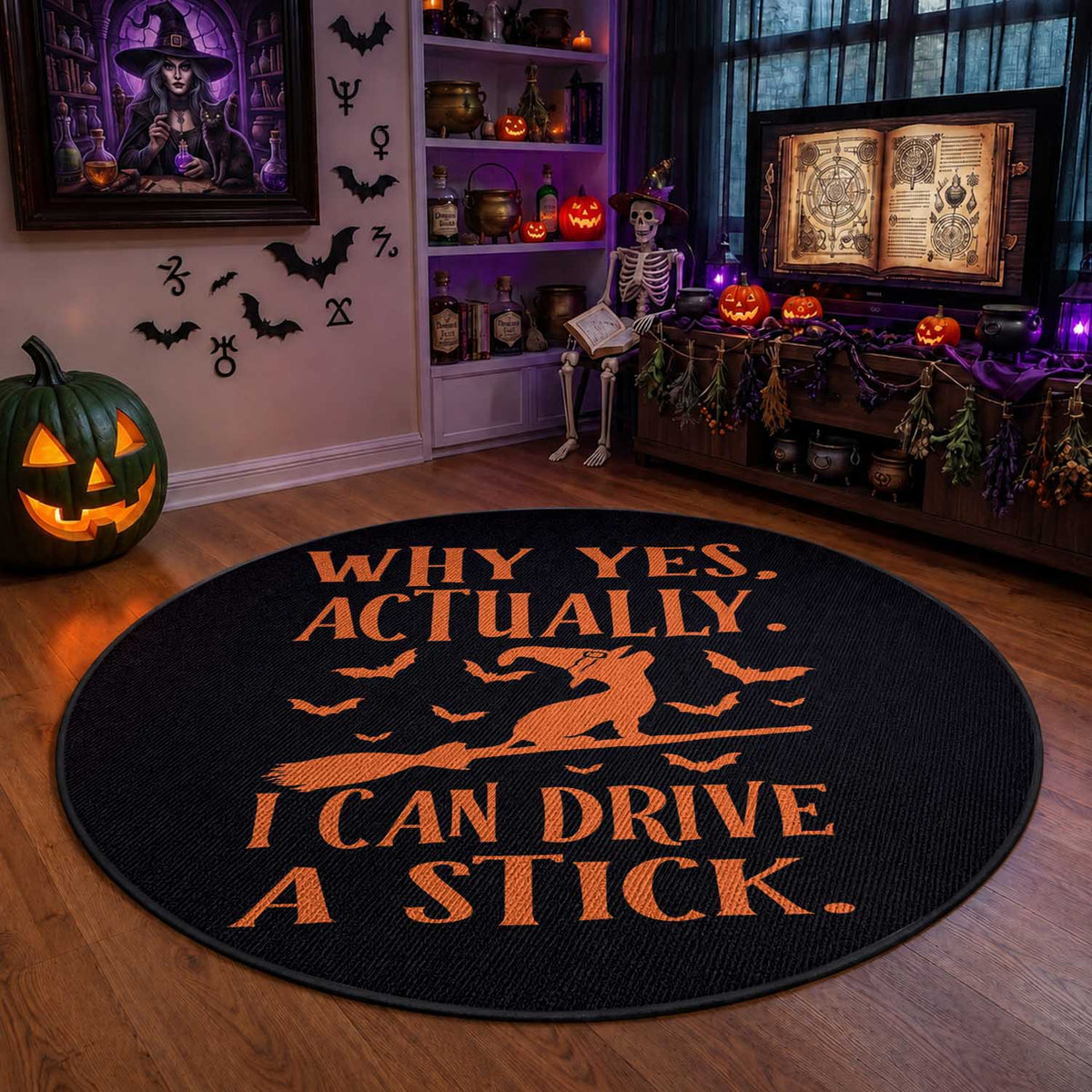 Halloween Dog Round Rug Why Yes Actually I Can Drive A Stick Witch