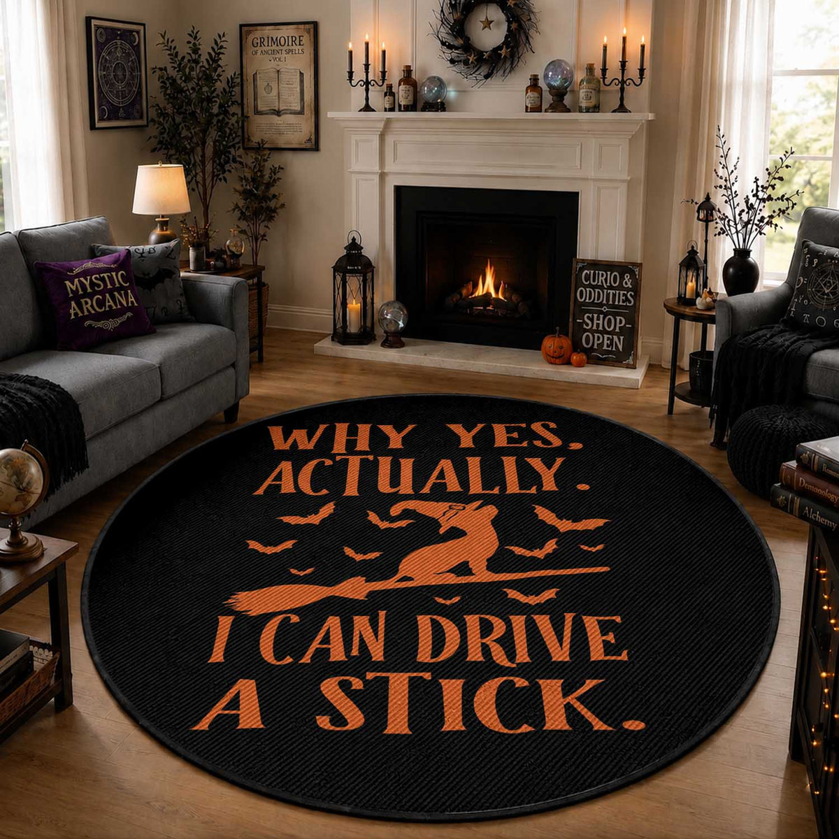 Halloween Dog Round Rug Why Yes Actually I Can Drive A Stick Witch