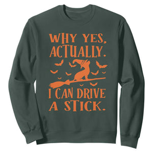 Halloween Dog Sweatshirt Why Yes Actually I Can Drive A Stick Witch TS11 Dark Forest Green Print Your Wear