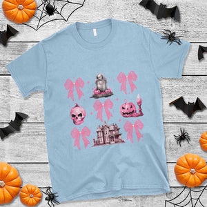 Halloween T Shirt Pink Bow Skull Haunted House Coquette Aesthetic TS11 Light Blue Print Your Wear