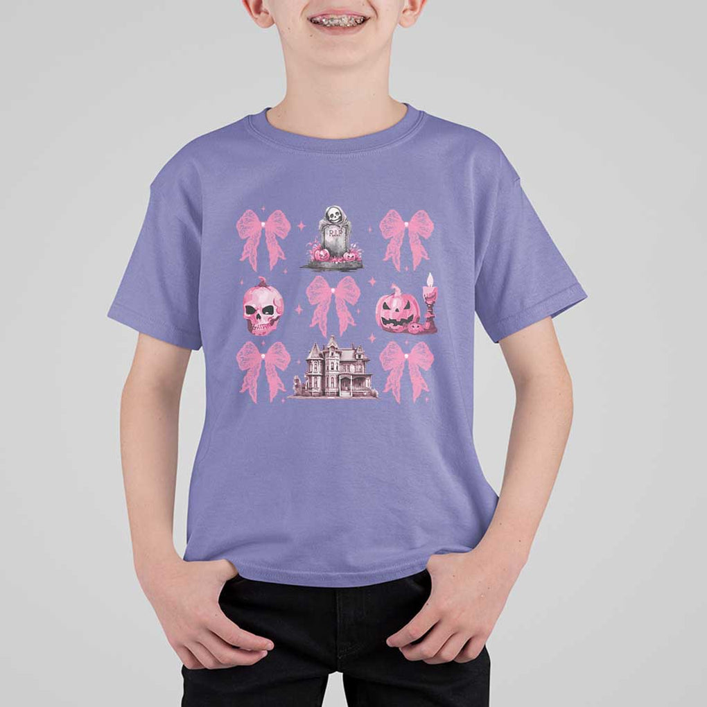 Halloween T Shirt For Kid Pink Bow Skull Haunted House Coquette Aesthetic TS11 Violet Print Your Wear