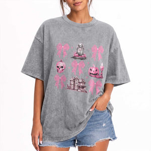 Halloween Washed Cotton T-Shirt Pink Bow Skull Haunted House Coquette Aesthetic