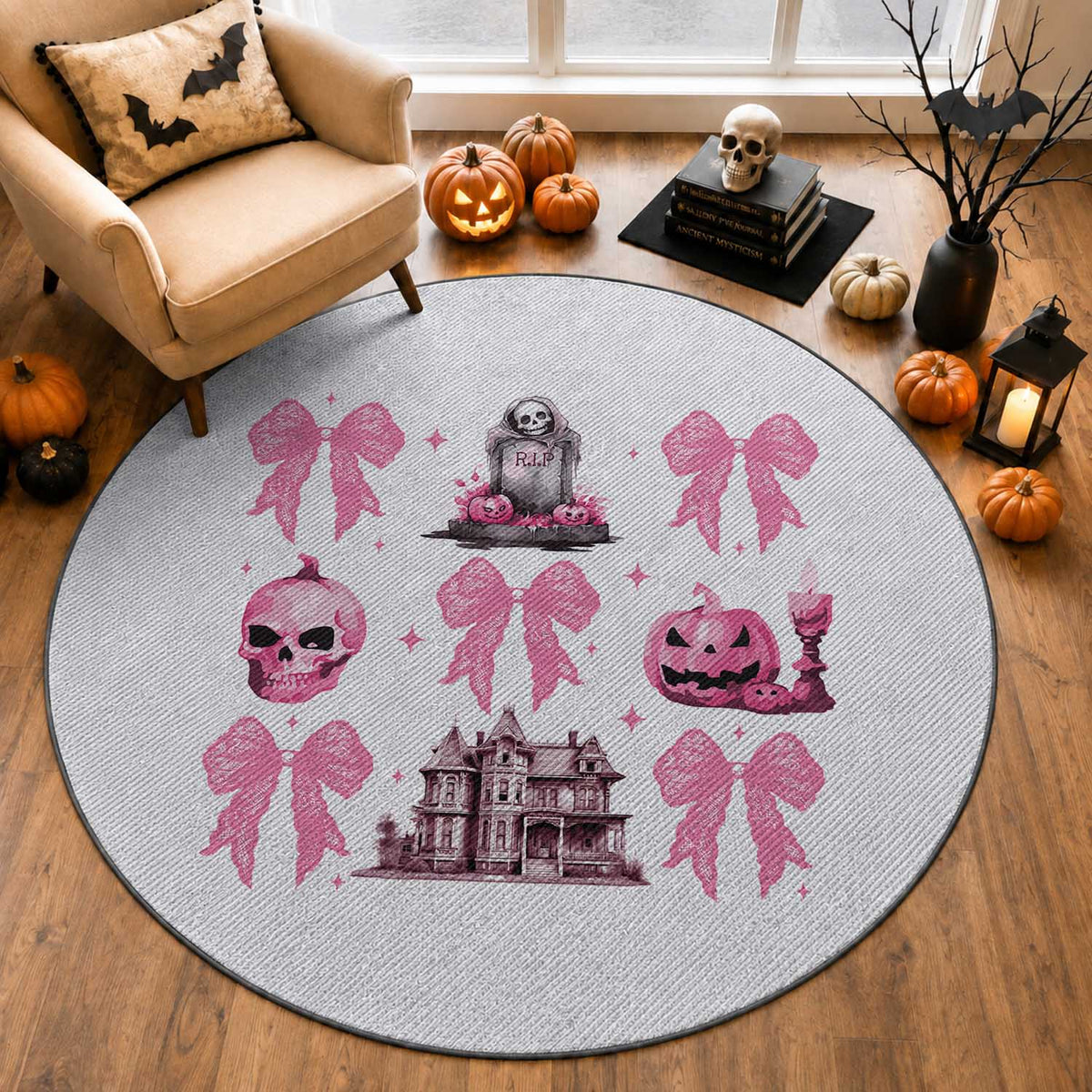 Halloween Round Rug Pink Bow Skull Haunted House Coquette Aesthetic