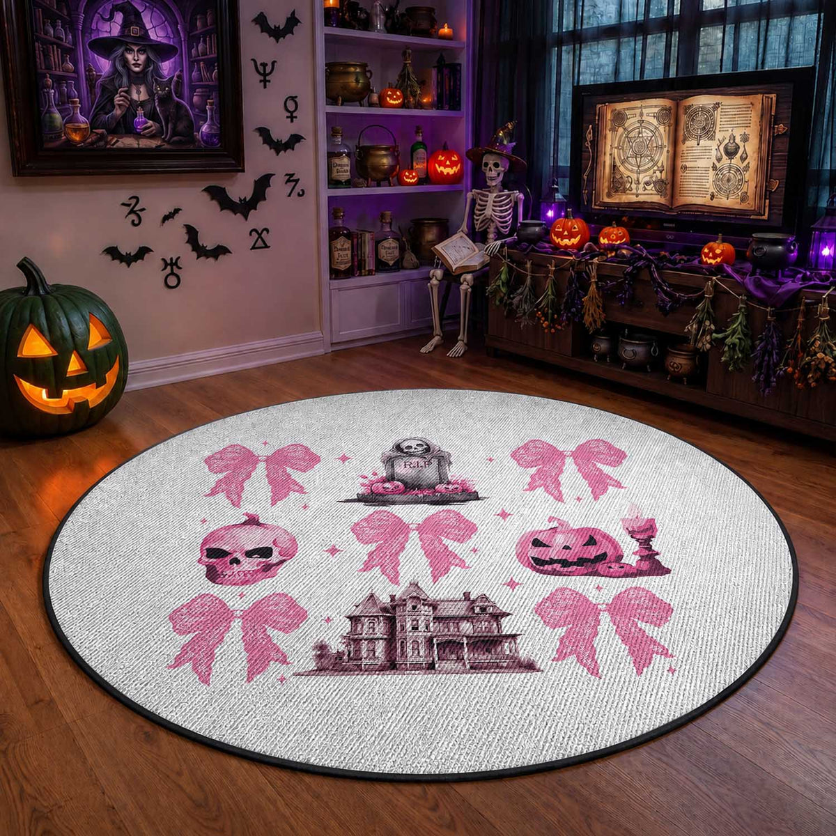 Halloween Round Rug Pink Bow Skull Haunted House Coquette Aesthetic