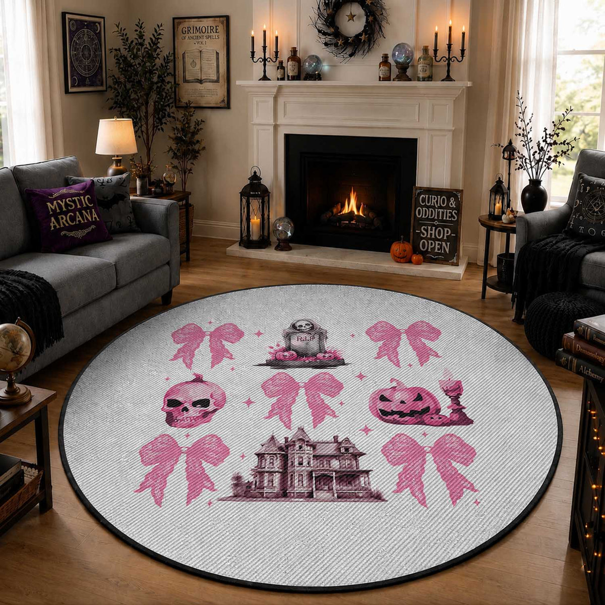 Halloween Round Rug Pink Bow Skull Haunted House Coquette Aesthetic
