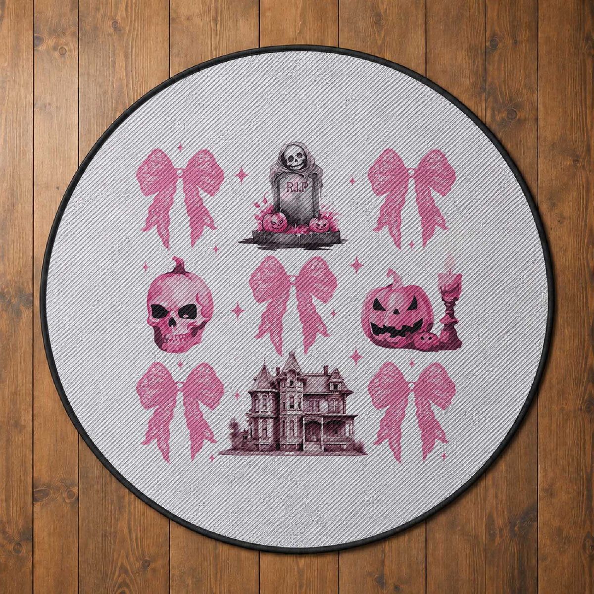Halloween Round Rug Pink Bow Skull Haunted House Coquette Aesthetic