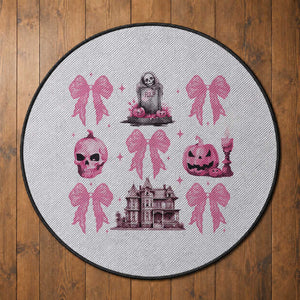 Halloween Round Rug Pink Bow Skull Haunted House Coquette Aesthetic