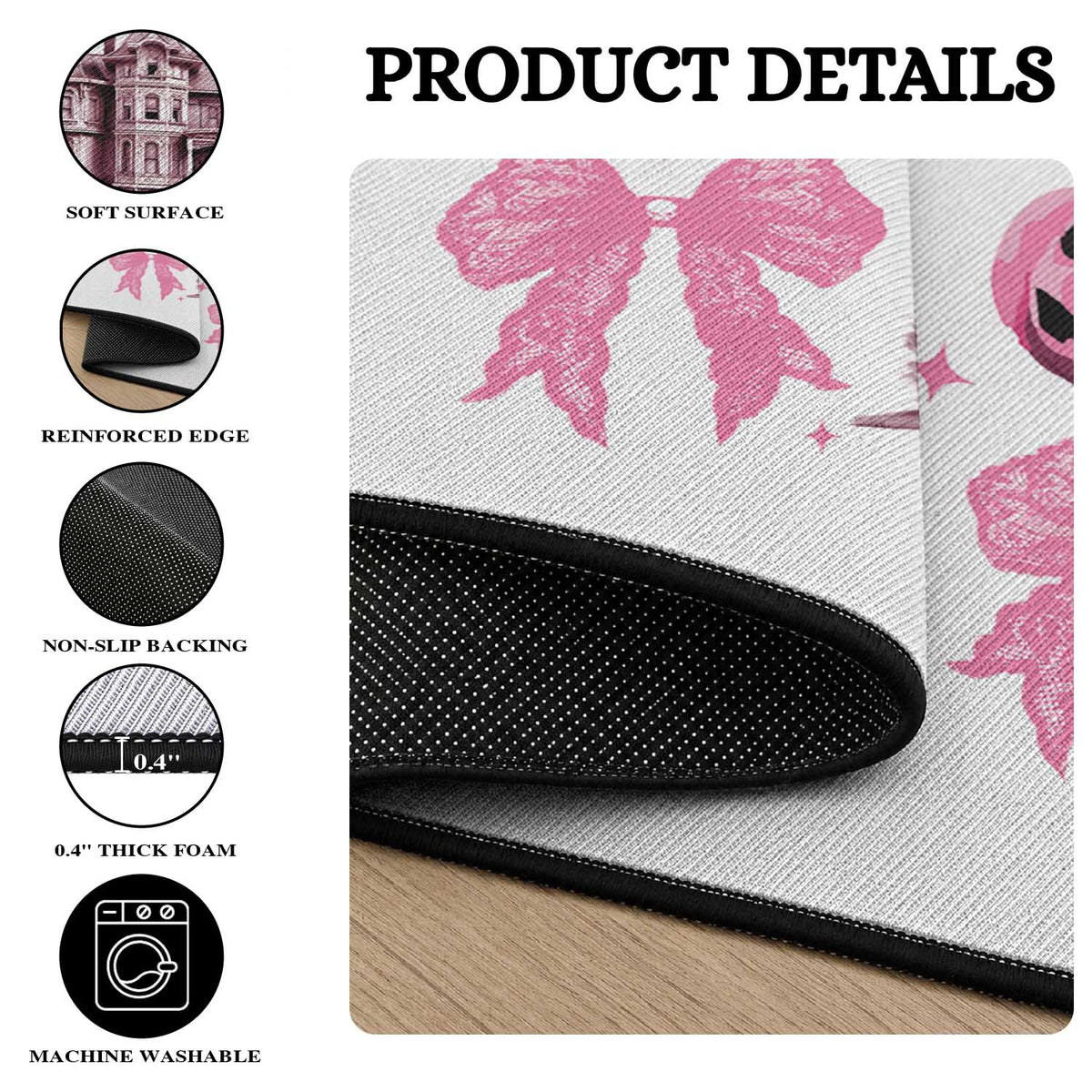 Halloween Round Rug Pink Bow Skull Haunted House Coquette Aesthetic
