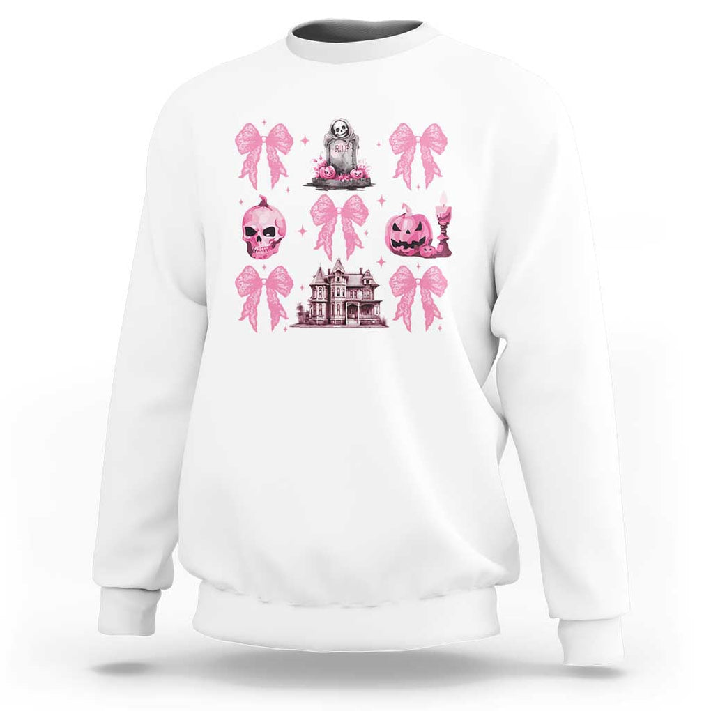 Halloween Sweatshirt Pink Bow Skull Haunted House Coquette Aesthetic TS11 White Print Your Wear