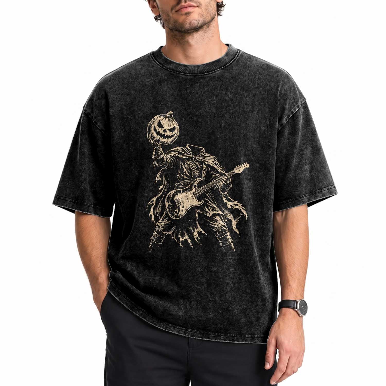 Vintage Headless Horseman Playing Guitar Halloween Washed Cotton T-Shirt Horror Rock Music Lover