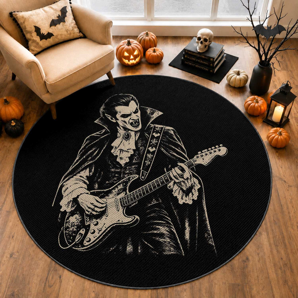 Vintage Vampire Playing Guitar Halloween Round Rug Rock Music Lover