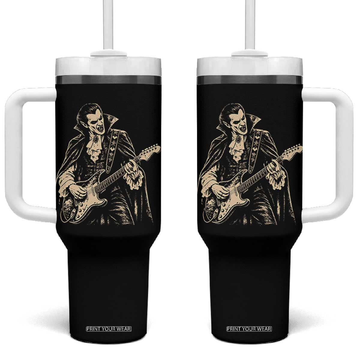 Vintage Vampire Playing Guitar Halloween Tumbler With Handle Rock Music Lover
