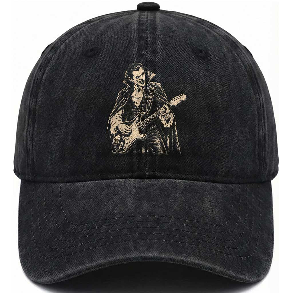 Vintage Vampire Playing Guitar Halloween Washed Cotton Baseball Cap Rock Music Lover