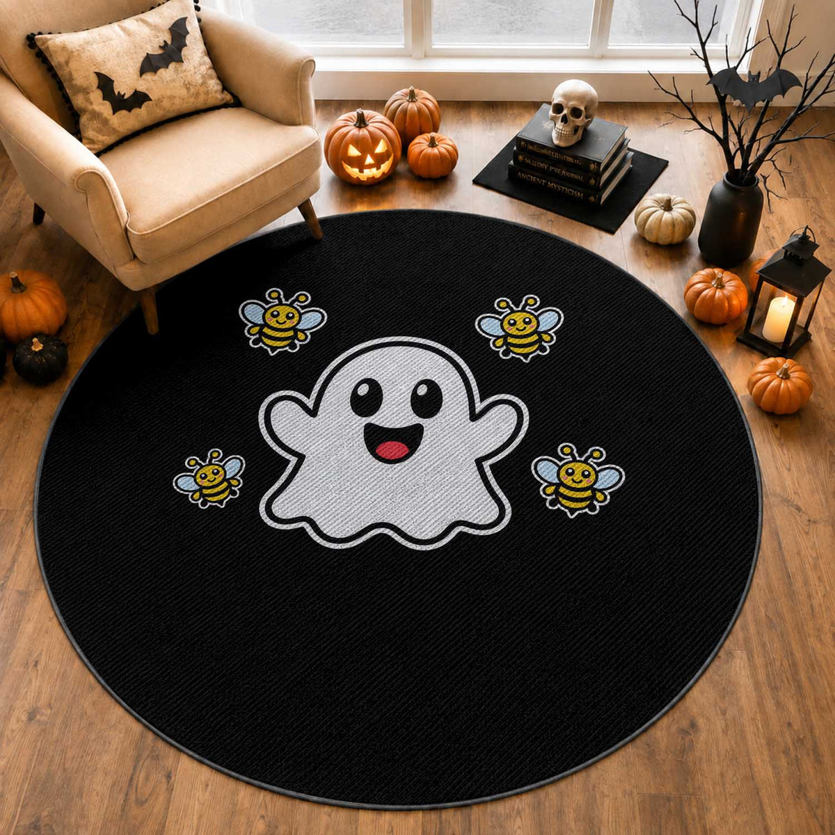 Funny Ghost Boo Bees Halloween Round Rug Wordplay Humor