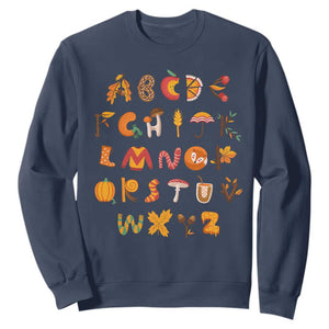 Funny Kindergarten Teacher Sweatshirt Thanksgiving Alphabet Learning Autumn Season TS11 Navy Print Your Wear