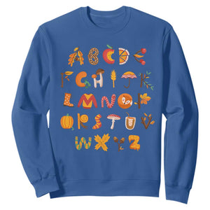 Funny Kindergarten Teacher Sweatshirt Thanksgiving Alphabet Learning Autumn Season TS11 Royal Blue Print Your Wear