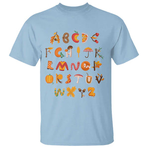 Funny Kindergarten Teacher T Shirt Thanksgiving Alphabet Learning Autumn Season TS11 Light Blue Print Your Wear