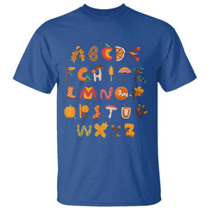 Funny Kindergarten Teacher T Shirt Thanksgiving Alphabet Learning Autumn Season TS11 Royal Blue Print Your Wear