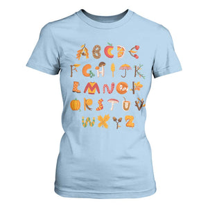 Funny Kindergarten Teacher T Shirt For Women Thanksgiving Alphabet Learning Autumn Season TS11 Light Blue Print Your Wear