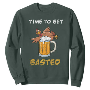 Funny Thanksgiving Beer Sweatshirt Time To Get Basted Vintage Turkey TS11 Dark Forest Green Print Your Wear