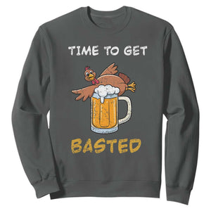 Funny Thanksgiving Beer Sweatshirt Time To Get Basted Vintage Turkey TS11 Dark Heather Print Your Wear