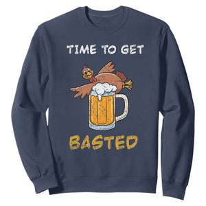 Funny Thanksgiving Beer Sweatshirt Time To Get Basted Vintage Turkey TS11 Navy Print Your Wear