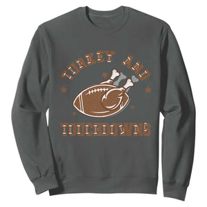 Thanksgiving Football Sweatshirt Turkey And Touchdowns Vintage American Football TS11 Dark Heather Print Your Wear