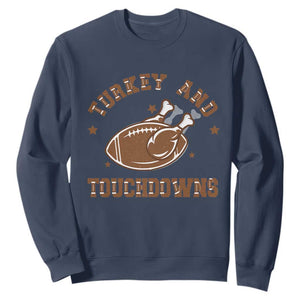 Thanksgiving Football Sweatshirt Turkey And Touchdowns Vintage American Football TS11 Navy Print Your Wear