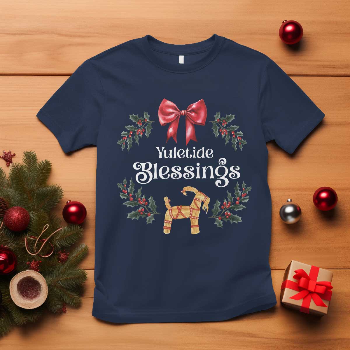 Yuletide Blessings T Shirt Yule Goat Winter Solstice Christmas Wreath TS11 Navy Print Your Wear