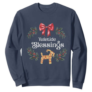 Yuletide Blessings Sweatshirt Yule Goat Winter Solstice Christmas Wreath TS11 Navy Print Your Wear