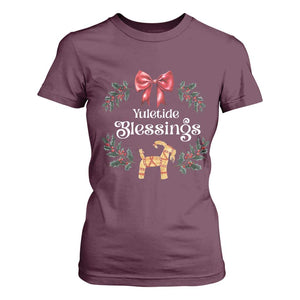 Yuletide Blessings T Shirt For Women Yule Goat Winter Solstice Christmas Wreath TS11 Maroon Print Your Wear