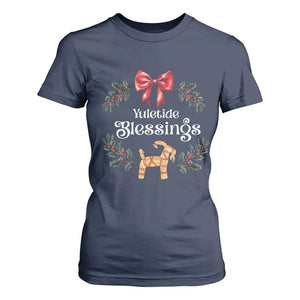 Yuletide Blessings T Shirt For Women Yule Goat Winter Solstice Christmas Wreath TS11 Navy Print Your Wear