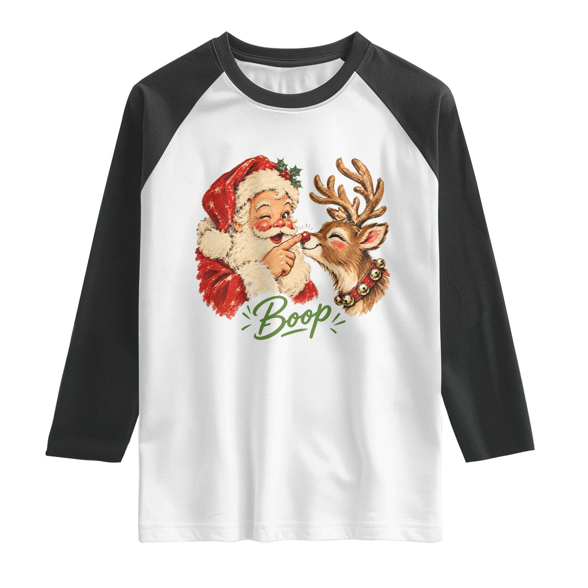 Retro Santa Boop Reindeer Nose Funny Nostalgic Christmas Raglan Shirt